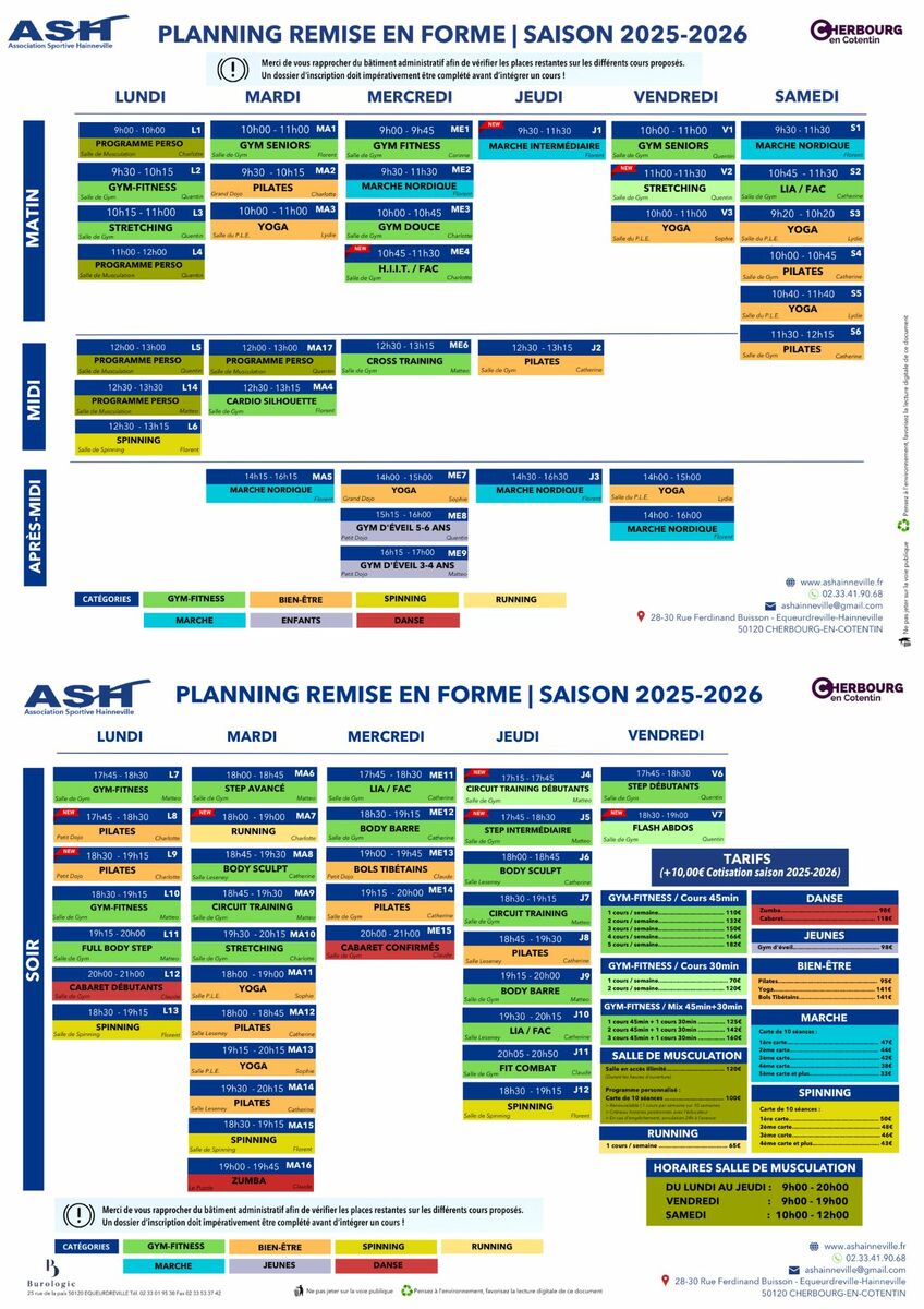 Planning des cours - Saison 2025-2026